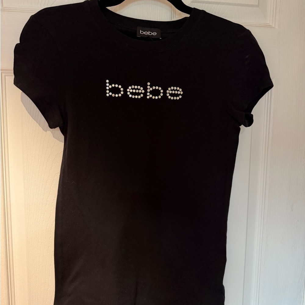 bebe Black Short Sleeve Tee with Rhinestone Logo